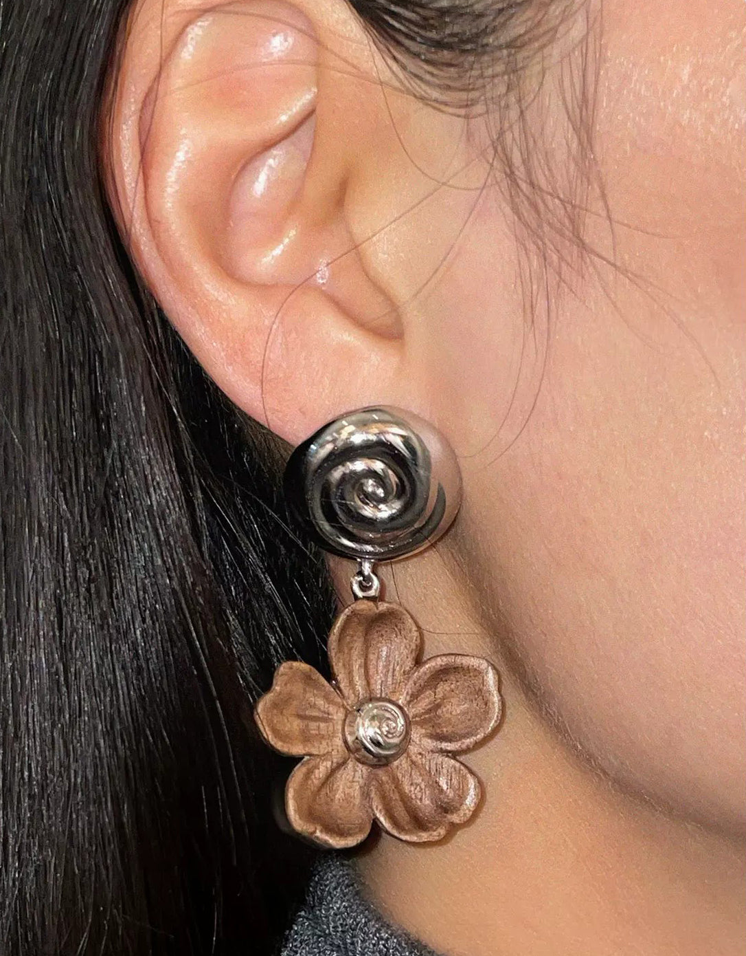 USELESS OBJECTS Wood Bloom Wooden Flower Earrings Pair