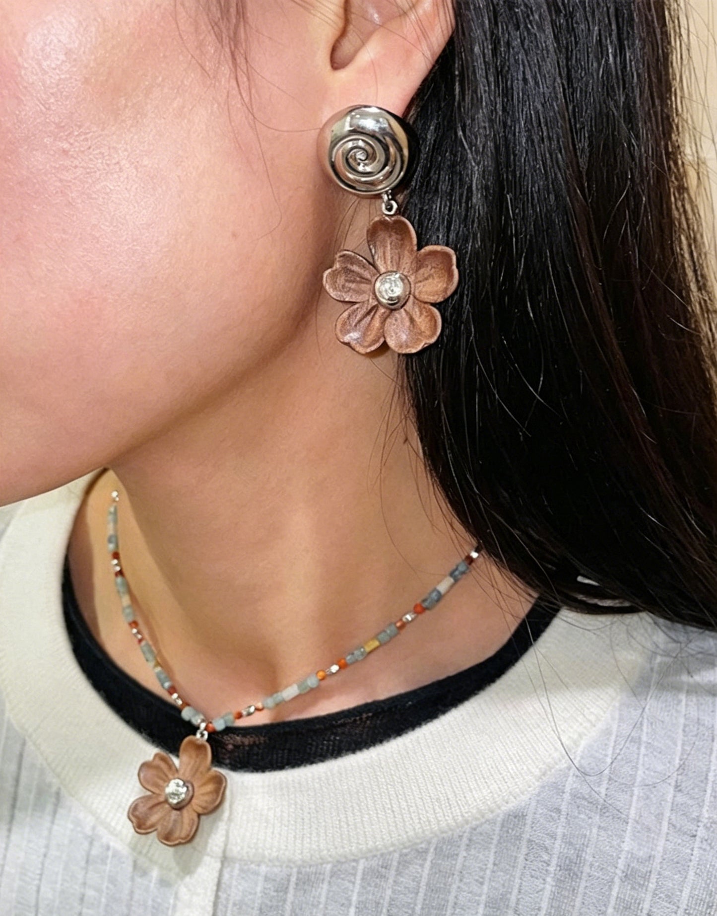 USELESS OBJECTS Wood Bloom Wooden Flower Earrings Pair