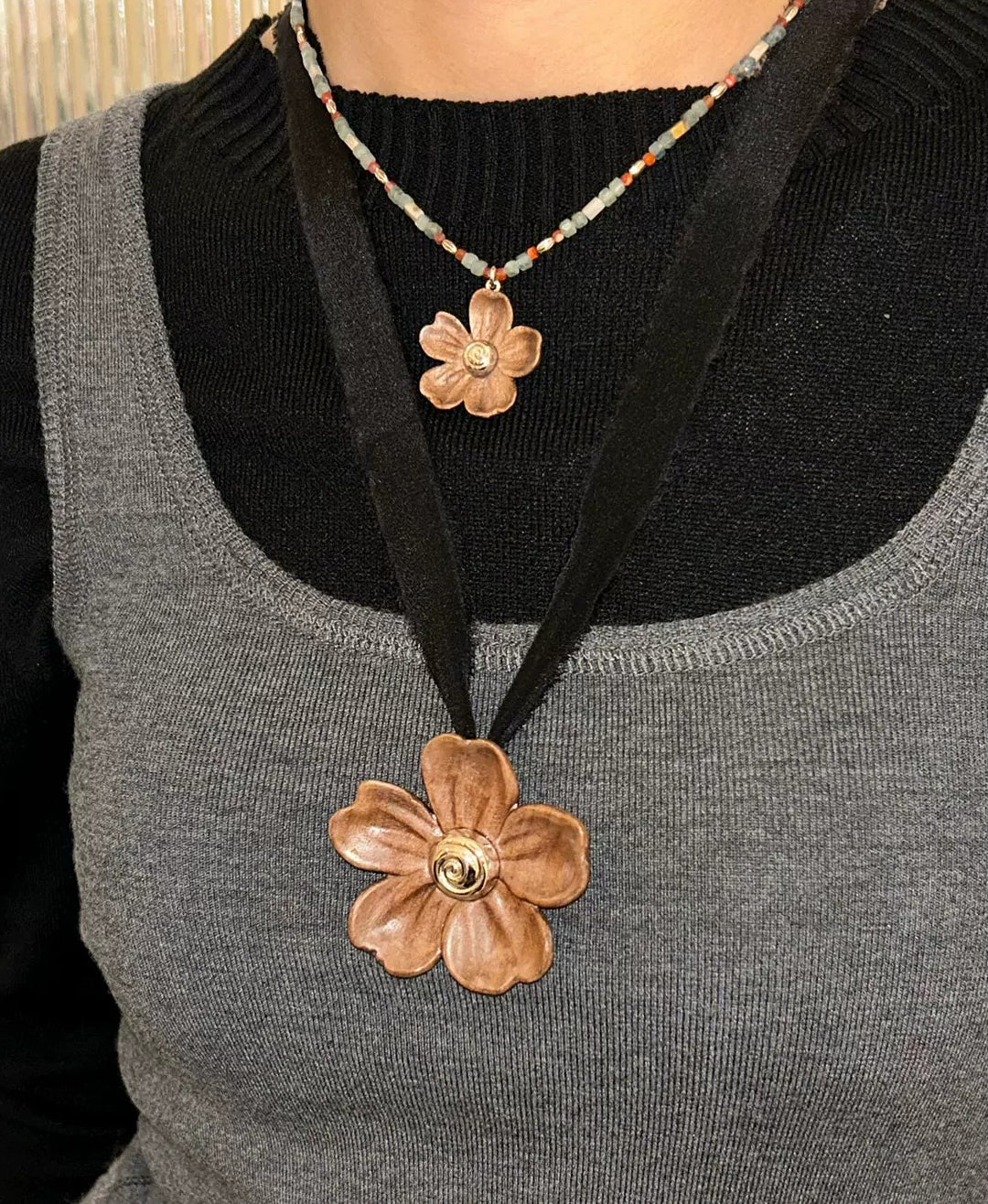 USELESS OBJECTS Wood Bloom Wooden Flower Beaded Necklace