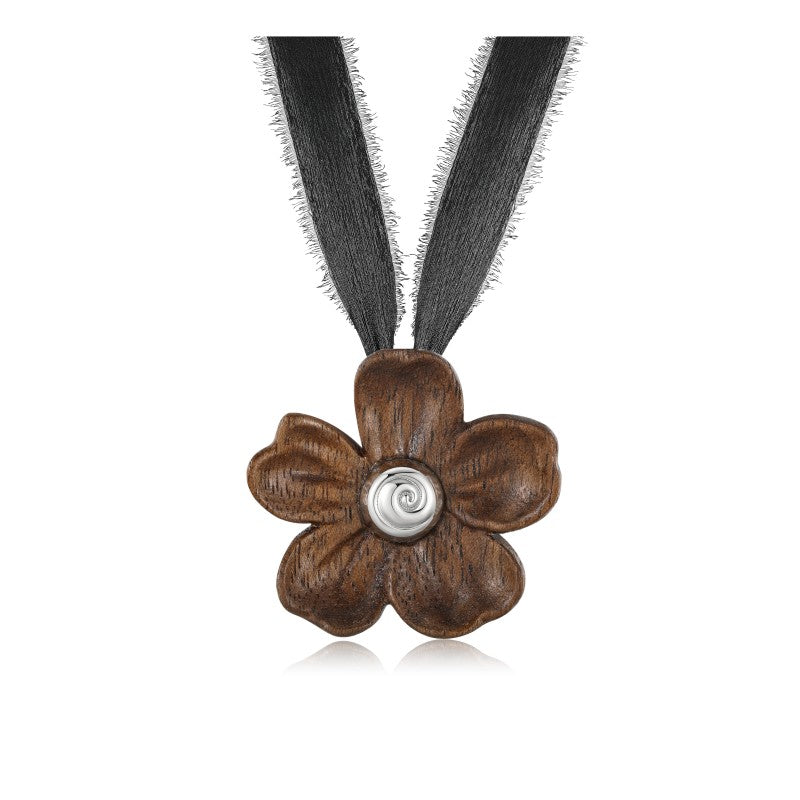 USELESS OBJECTS Wood Bloom Wooden Flower Ribbon Large Necklace