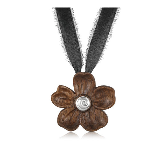 USELESS OBJECTS Wood Bloom Wooden Flower Ribbon Large Necklace